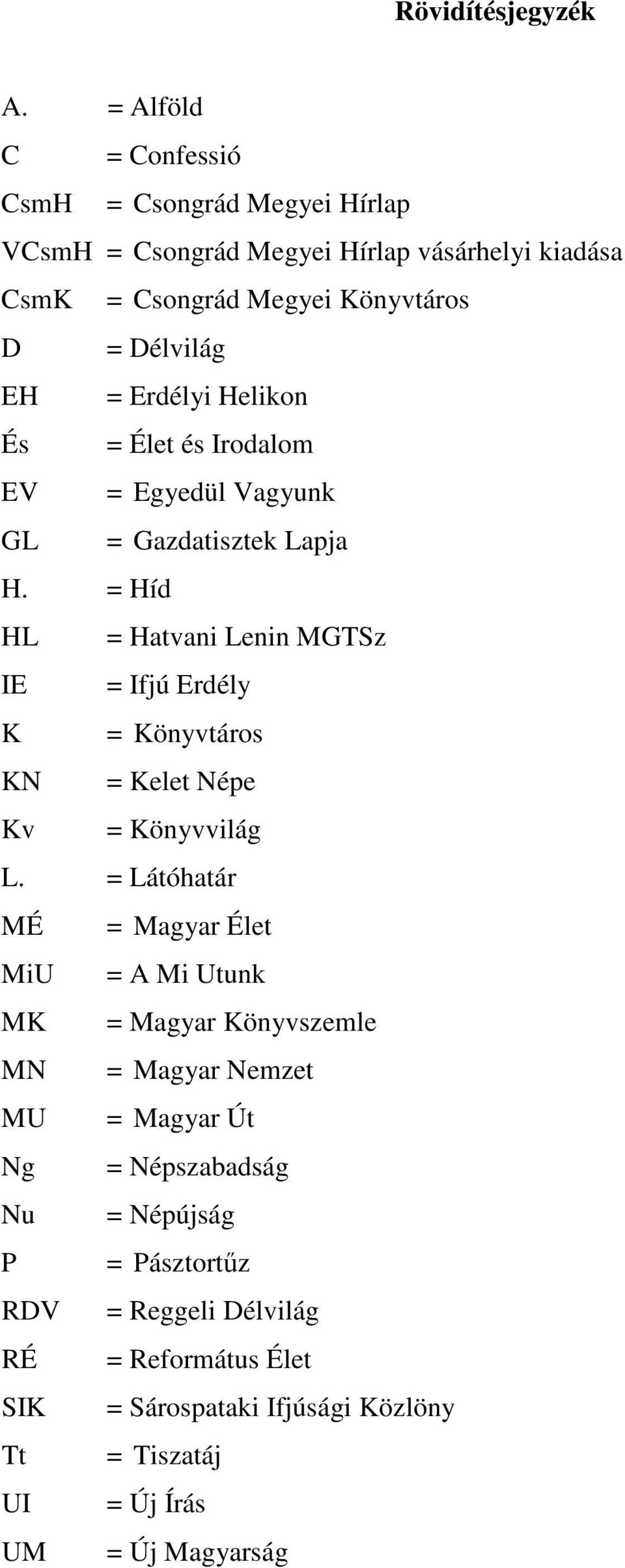 Erdélyi Helikon És = Élet és Irodalom EV = Egyedül Vagyunk GL = Gazdatisztek Lapja H.