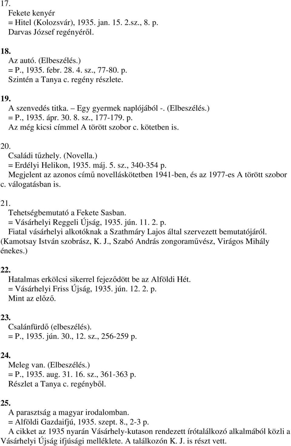 sz., 340-354 p. Megjelent az azonos című novelláskötetben 1941-ben, és az 1977-es A törött szobor c. válogatásban is. 21. Tehetségbemutató a Fekete Sasban. = Vásárhelyi Reggeli Újság, 1935. jún. 11.