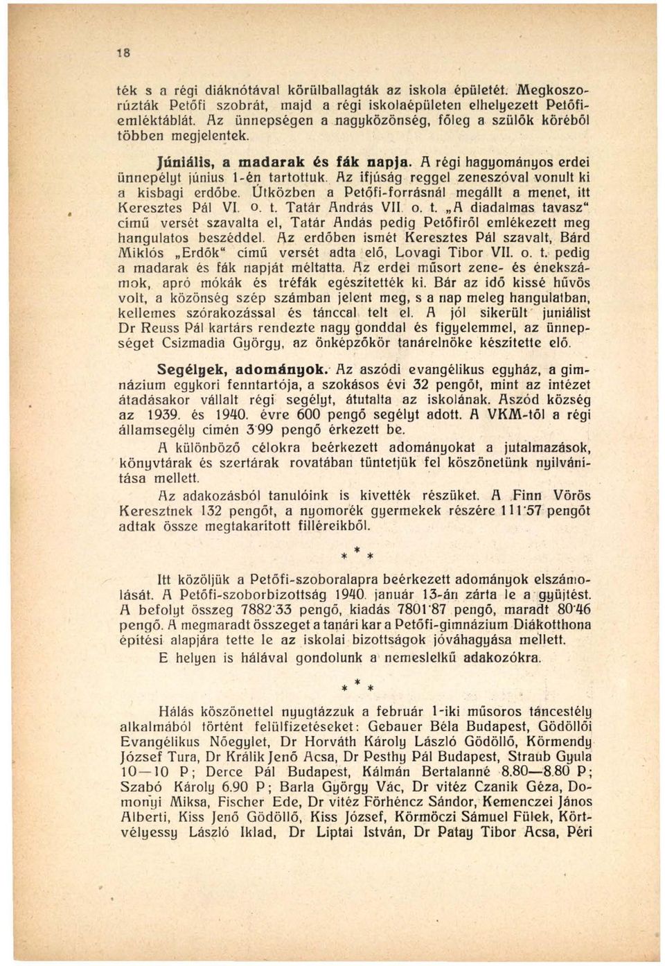 Az ifjúság reggel zeneszóval vonult ki a kisbagi erdőbe. Útközben a Petőfi-forrásnál megállt a menet, itt Keresztes Pál VI. o. t.