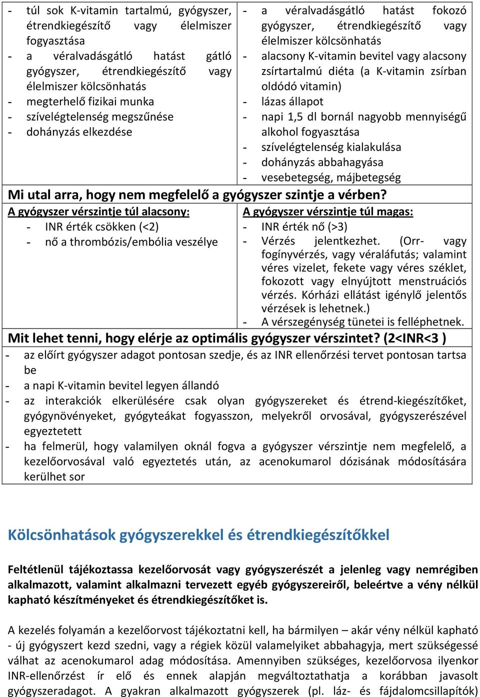 zsírtartalmú diéta (a K-vitamin zsírban oldódó vitamin) - lázas állapot - napi 1,5 dl bornál nagyobb mennyiségű alkohol fogyasztása - szívelégtelenség kialakulása - dohányzás abbahagyása -