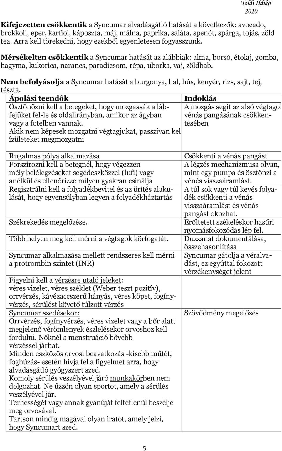 Mérsékelten csökkentik a Syncumar hatását az alábbiak: alma, borsó, étolaj, gomba, hagyma, kukorica, narancs, paradicsom, répa, uborka, vaj, zöldbab.