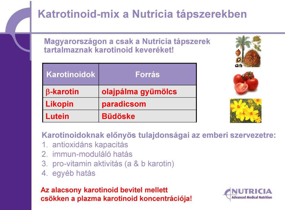 Karotinoidok -karotin Likopin Lutein Forrás olajpálma gyümölcs paradicsom Büdöske Karotinoidoknak előnyös