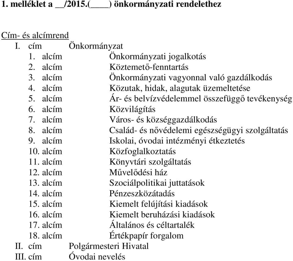 alcím Város- és községgazdálkodás 8. alcím Család- és nővédelemi egészségügyi szolgáltatás 9. alcím Iskolai, óvodai intézményi étkeztetés 10. alcím Közfoglalkoztatás 11.