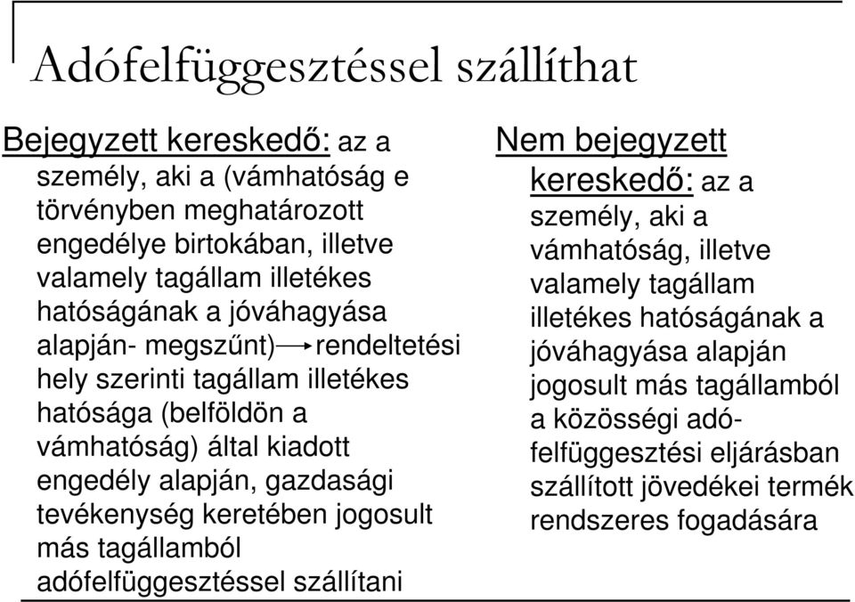 alapján, gazdasági tevékenység keretében jogosult más tagállamból adófelfüggesztéssel szállítani Nem bejegyzett kereskedı: az a személy, aki a vámhatóság, illetve