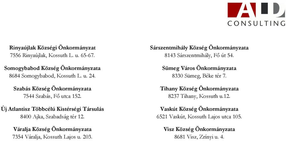 Váralja Község Önkormányzata 7354 Váralja, Kossuth Lajos u. 203. Sárszentmihály Község Önkormányzata 8143 Sárszentmihály, Fő út 54.