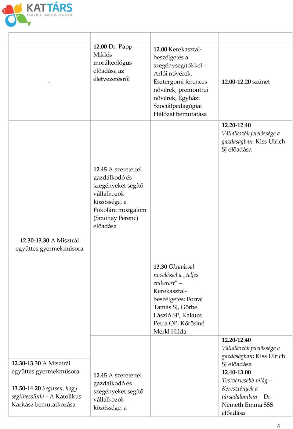 40 Vállalkozók felelőssége a gazdaságban: Kiss Ulrich SJ 12.45 A szeretettel gazdálkodó és szegényeket segítő vállalkozók közössége, a Fokoláre mozgalom (Smohay Ferenc) 12.30-13.