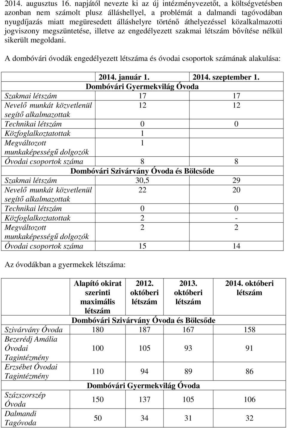 áthelyezéssel közalkalmazotti jogviszony megszüntetése, illetve az engedélyezett szakmai létszám bővítése nélkül sikerült megoldani.