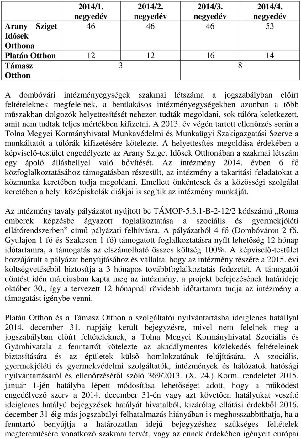 bentlakásos intézményegységekben azonban a több műszakban dolgozók helyettesítését nehezen tudták megoldani, sok túlóra keletkezett, amit nem tudtak teljes mértékben kifizetni. A 2013.