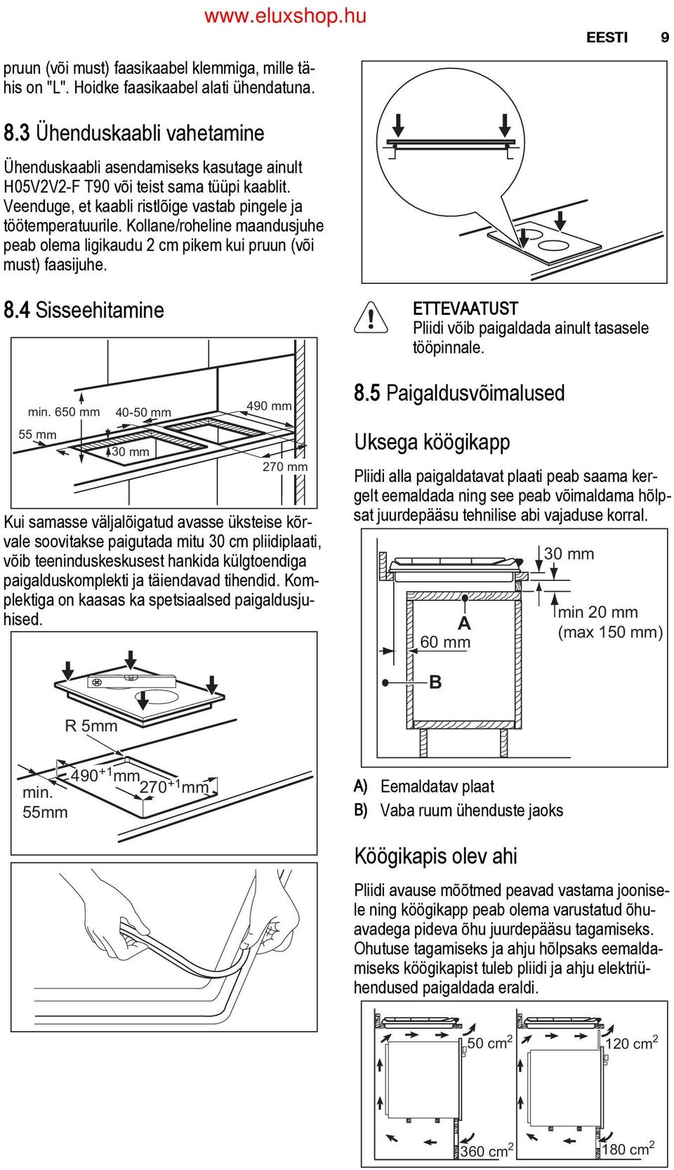 Kollane/roheline maandusjuhe peab olema ligikaudu 2 cm pikem kui pruun (või must) faasijuhe. 8.4 Sisseehitamine min. 650 mm 40-50 mm ETTEVAATUST Pliidi võib paigaldada ainult tasasele tööpinnale.