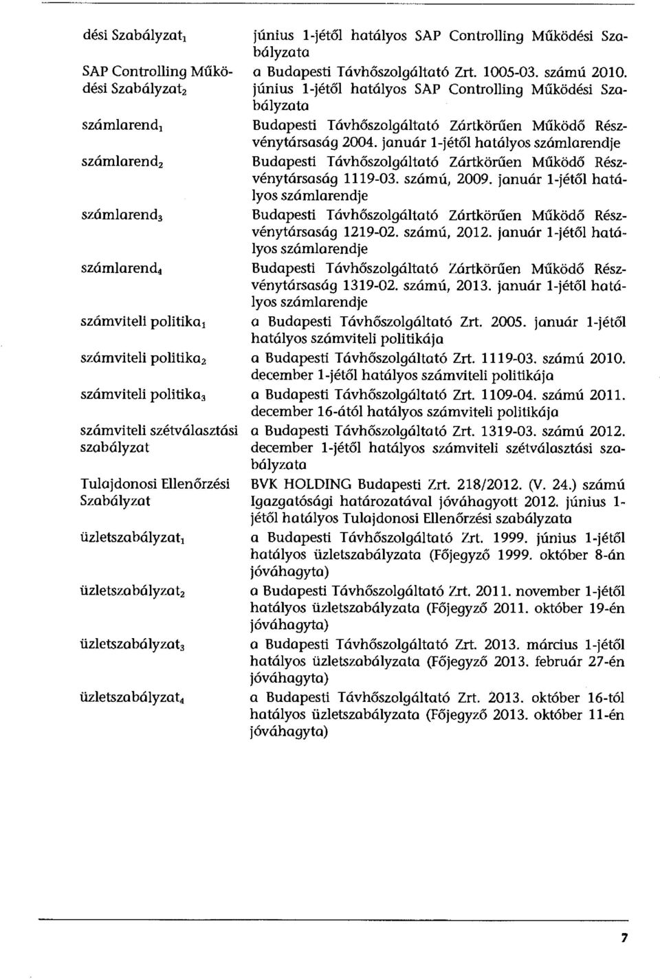 Távhőszolgáltató Zrt. 1005-03. számú 2010. június l-jétől hatályos SAP Controlling Működési Szabályzata Budapesti Távhőszolgáltató Zártkörűen Működő Részvénytársaság 2004.