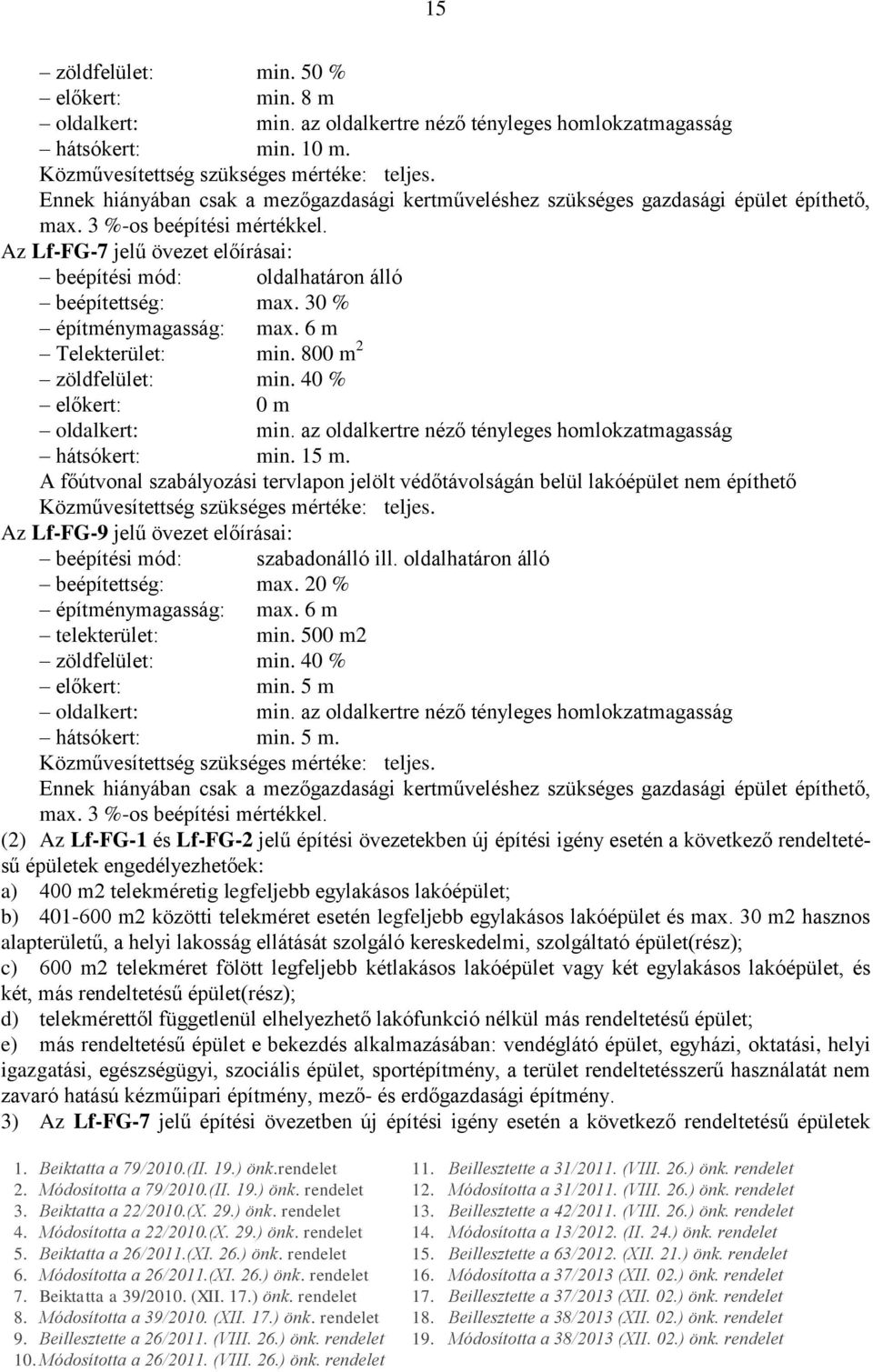 Az Lf-FG-7 jelű övezet előírásai: beépítési mód: oldalhatáron álló beépítettség: max. 30 % építménymagasság: max. 6 m Telekterület: min. 800 m 2 zöldfelület: min. 40 % előkert: 0 m oldalkert: min.