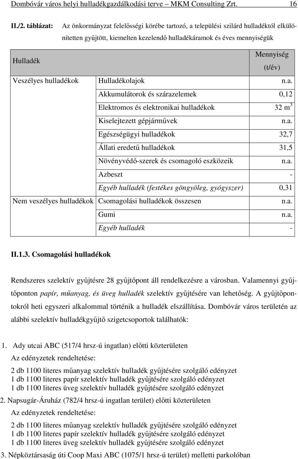 Nem veszélyes hulladékok Mennyiség (t/év) Hulladékolajok n.a. Akkumulátorok és szárazelemek 0,12 Elektromos és elektronikai hulladékok 32 m 3 Kiselejtezett gépjármővek n.a. Egészségügyi hulladékok 32,7 Állati eredető hulladékok 31,5 Növényvédı-szerek és csomagoló eszközeik n.