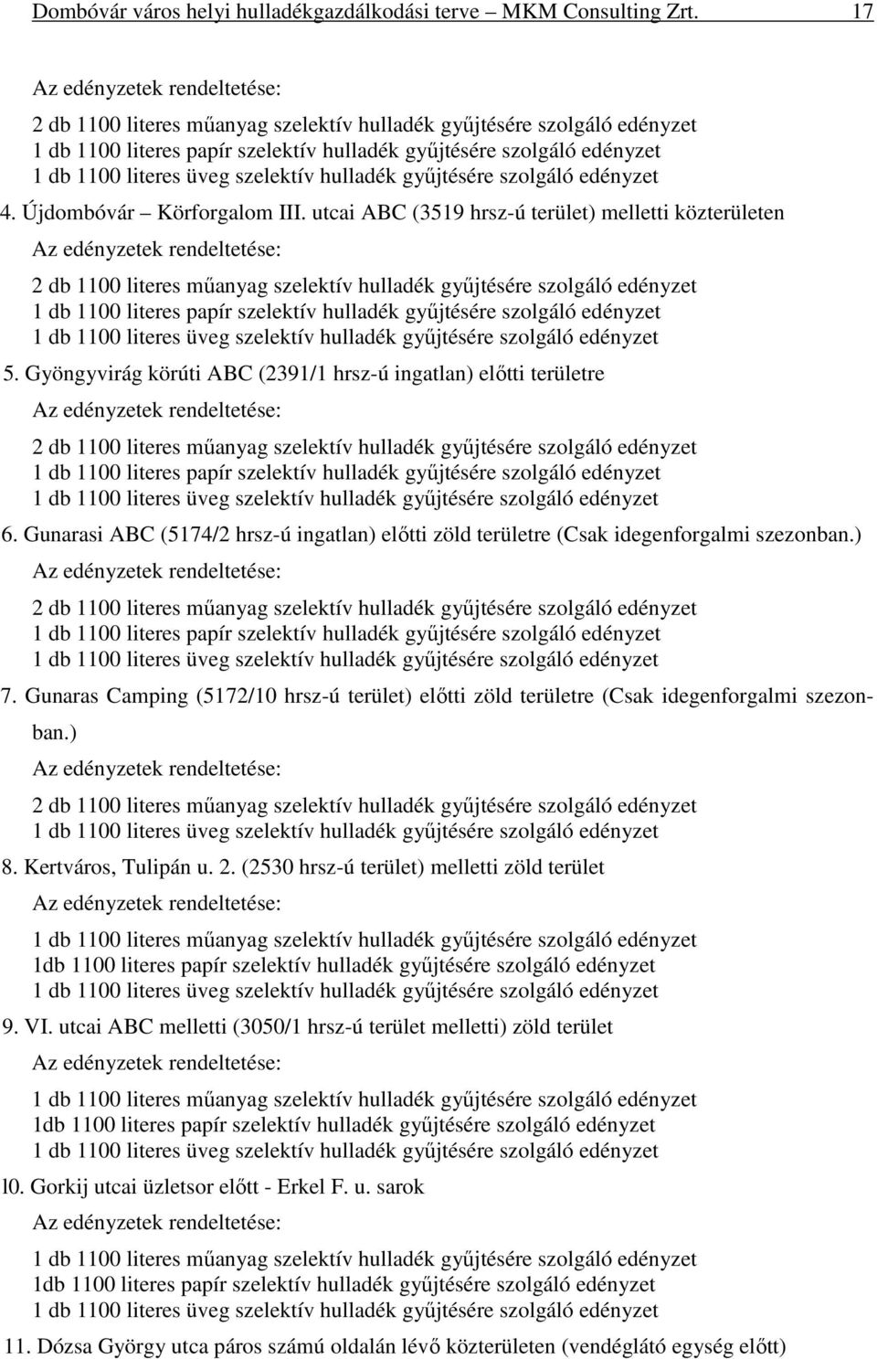 szelektív hulladék győjtésére szolgáló edényzet 4. Újdombóvár Körforgalom III.