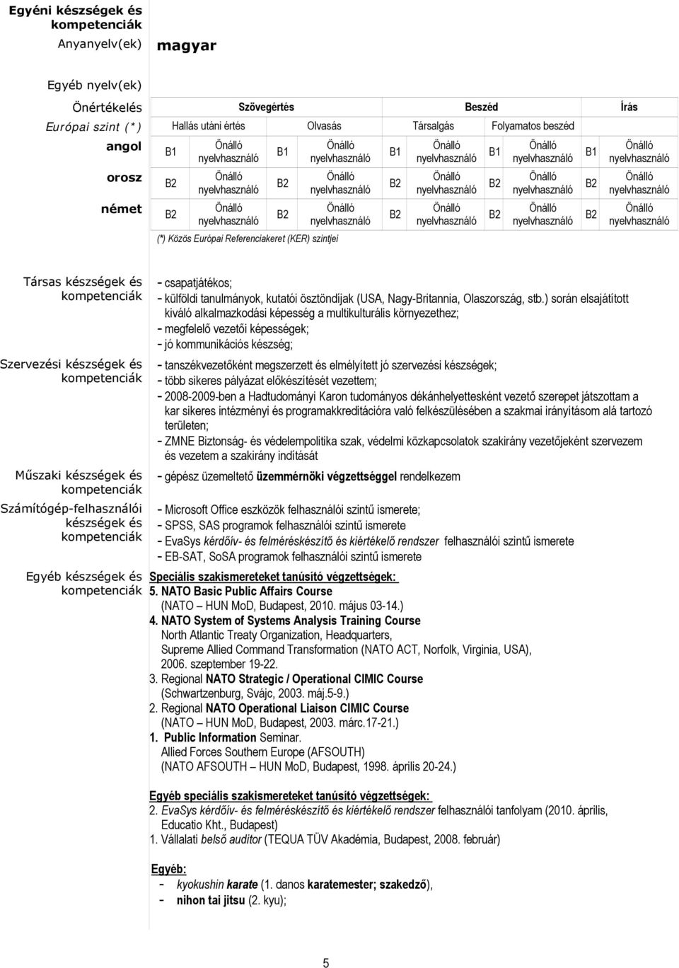 és kompetenciák Egyéb készségek és kompetenciák - csapatjátékos; - külföldi tanulmányok, kutatói ösztöndíjak (USA, Nagy-Britannia, Olaszország, stb.