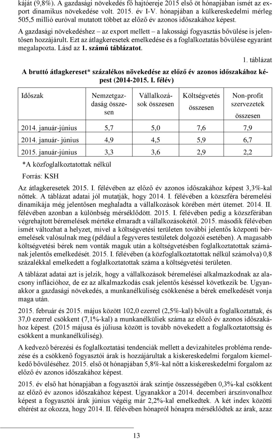 A gazdasági növekedéshez az export mellett a lakossági fogyasztás bővülése is jelentősen hozzájárult. Ezt az átlagkeresetek emelkedése és a foglalkoztatás bővülése egyaránt megalapozta. Lásd az 1.