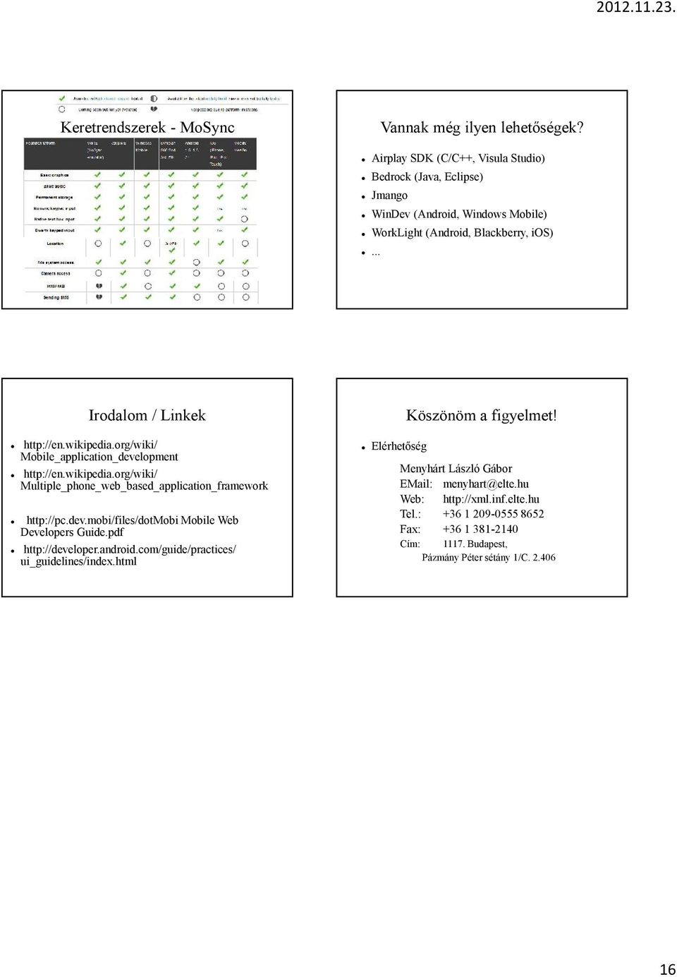 .. Irodalom / Linkek Köszönöm a figyelmet! http://en.wikipedia.org/wiki/ Mobile_application_development http://en.wikipedia.org/wiki/ Multiple_phone_web_based_application_framework http://pc.