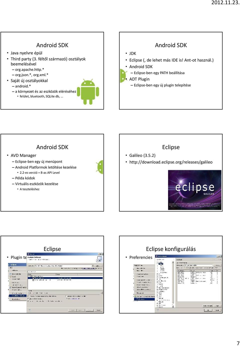 ) Android SDK Eclipse-ben egy PATH beállítása ADT Plugin Eclipse-ben egy új plugin telepítése Android SDK AVD Manager Eclipse-ben egy új menüpont Android Platformok