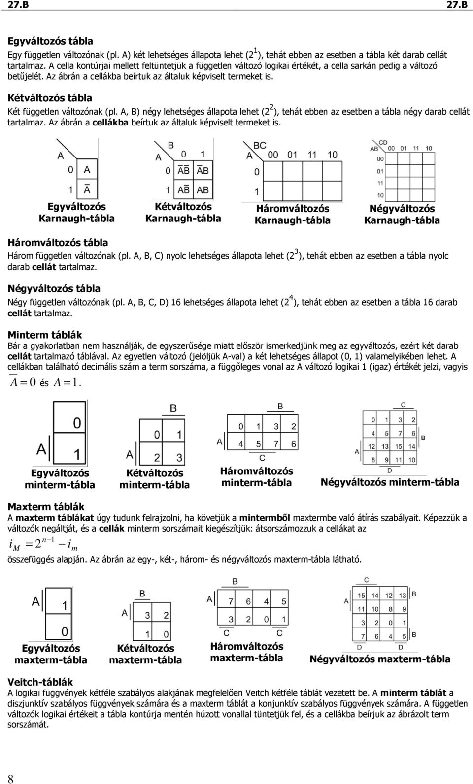 Kétváltozós tábla Két függetle változóak (pl. A, B) égy lehetséges állapota lehet ( ), tehát ebbe az esetbe a tábla égy darab cellát tartalmaz.