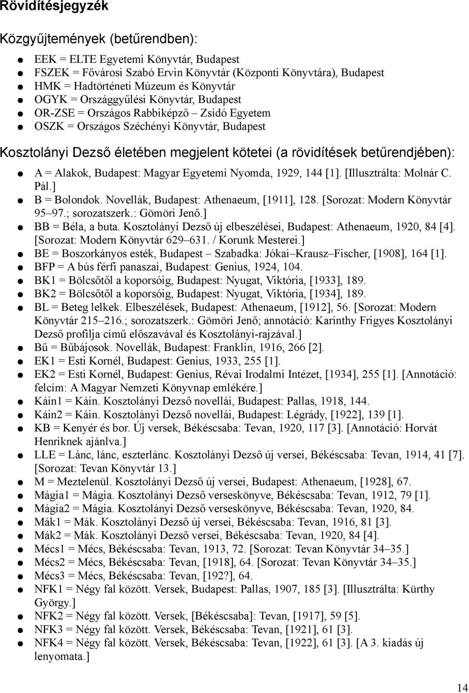 A = Alakok, Budapest: Magyar Egyetemi Nyomda, 1929, 144 [1]. [Illusztrálta: Molnár C. Pál.] B = Bolondok. Novellák, Budapest: Athenaeum, [1911], 128. [Sorozat: Modern Könyvtár 95 97.; sorozatszerk.