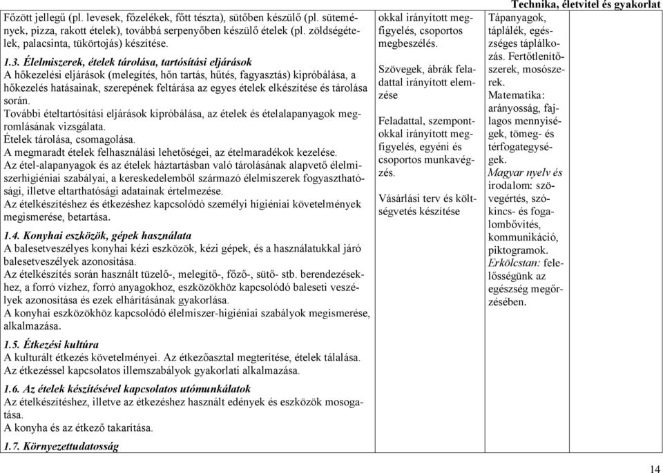 elkészítése és tárolása során. További ételtartósítási eljárások kipróbálása, az ételek és ételalapanyagok megromlásának vizsgálata. Ételek tárolása, csomagolása.