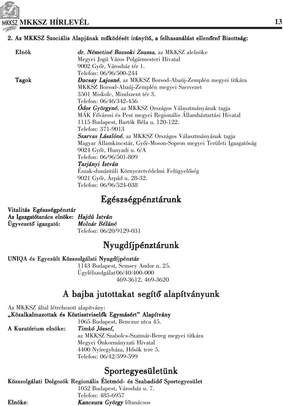 Telefon: 06/96/500-244 Ducsay Lajosné, az MKKSZ Borsod-Abaúj-Zemplén megyei titkára MKKSZ Borsod-Abaúj-Zemplén megyei Szervezet 3501 Miskolc, Mindszent tér 3.