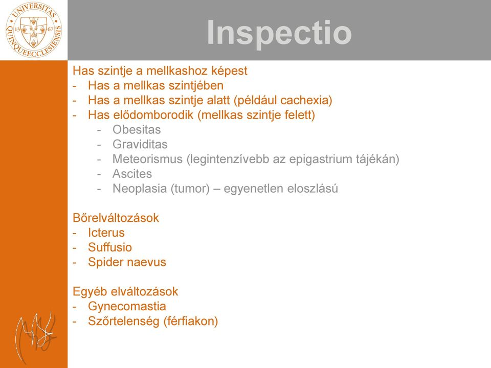 (legintenzívebb az epigastrium tájékán) - Ascites - Neoplasia (tumor) egyenetlen eloszlású