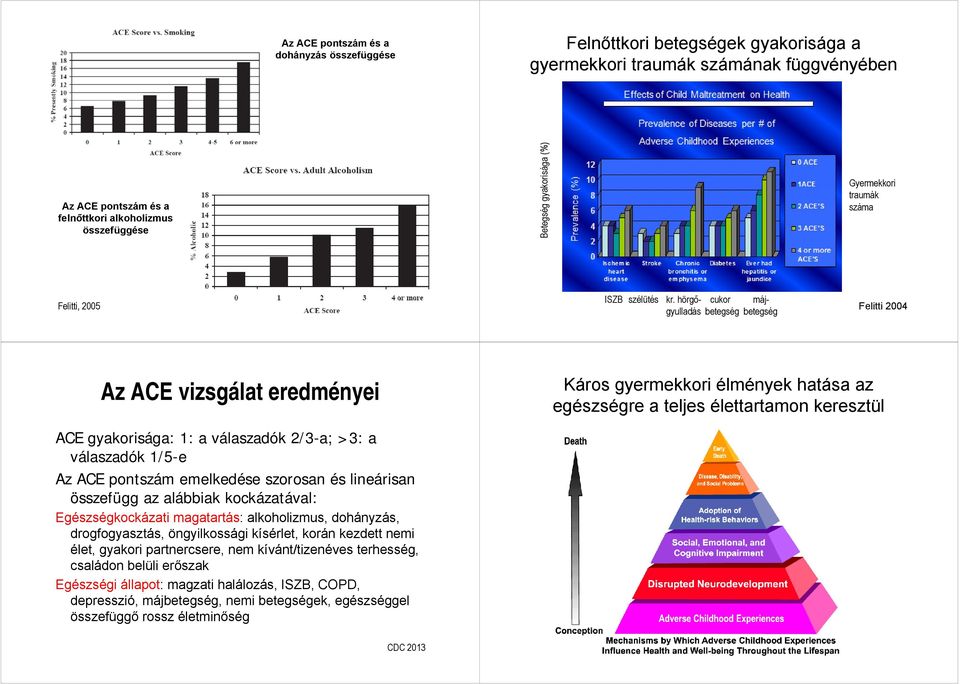 hörgő- cukor májgyulladás betegség betegség Felitti 2004 Az ACE vizsgálat eredményei Káros gyermekkori élmények hatása az egészségre a teljes élettartamon keresztül ACE gyakorisága: : a válaszadók