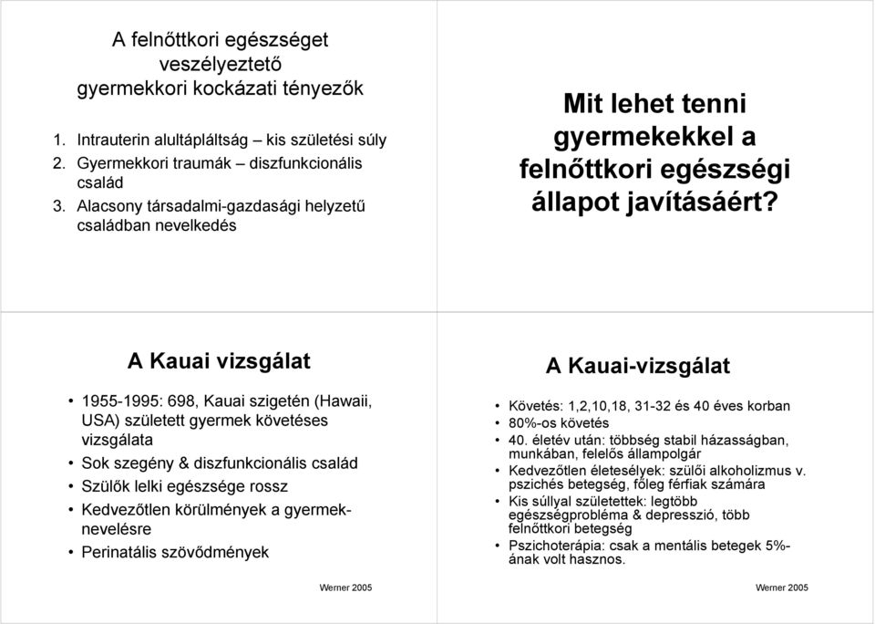 A Kauai vizsgálat 955-995: 698, Kauai szigetén (Hawaii, USA) született gyermek követéses vizsgálata Sok szegény & diszfunkcionális család Szülők lelki egészsége rossz Kedvezőtlen körülmények a