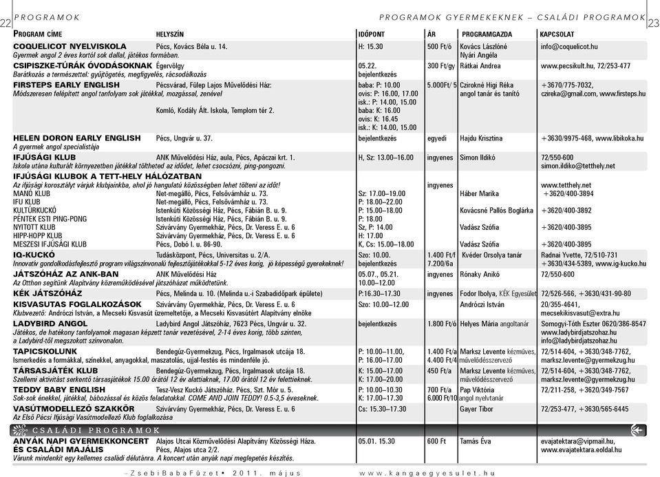 pecsikult.hu, 72/253-477 Barátkozás a természettel: gyûjtögetés, megfigyelés, rácsodálkozás bejelentkezés FIRSTEPS EARLY ENGLISH Pécsvárad, Fülep Lajos Mûvelôdési Ház: baba: P: 10.00 5.