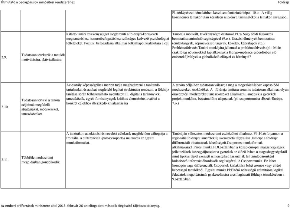 Kitartó tanári tevékenységgel megteremti a földrajzi-környezeti megismeréshez, ismeretbefogadáshoz szükséges kedvező pszichológiai feltételeket.