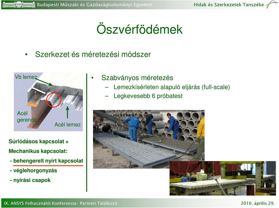 próbatest Acél gerenda Acél lemez Súrlódásos kapcsolat + Mechanikus