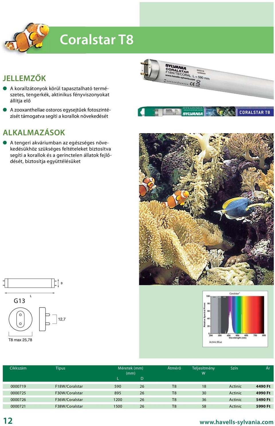 fejlődését, biztosítja együttélésüket G13 Coralstar Actinic Blue Cikkszám Típus Méretek (mm) Átmérő Teljesítmény Szín Ár (mm) W L D 0000719 F18W/Coralstar 590 26 T8 18