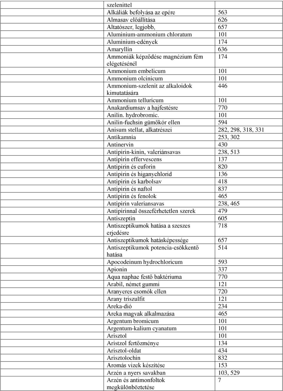 101 Anilin-fuchsin gümőkór ellen 594 Anisum stellat, alkatrészei 282, 298, 318, 331 Antikamnia 253, 302 Antinervin 430 Antipirin-kinin, valeriánsavas 238, 513 Antipirin effervescens 137 Antipirin és