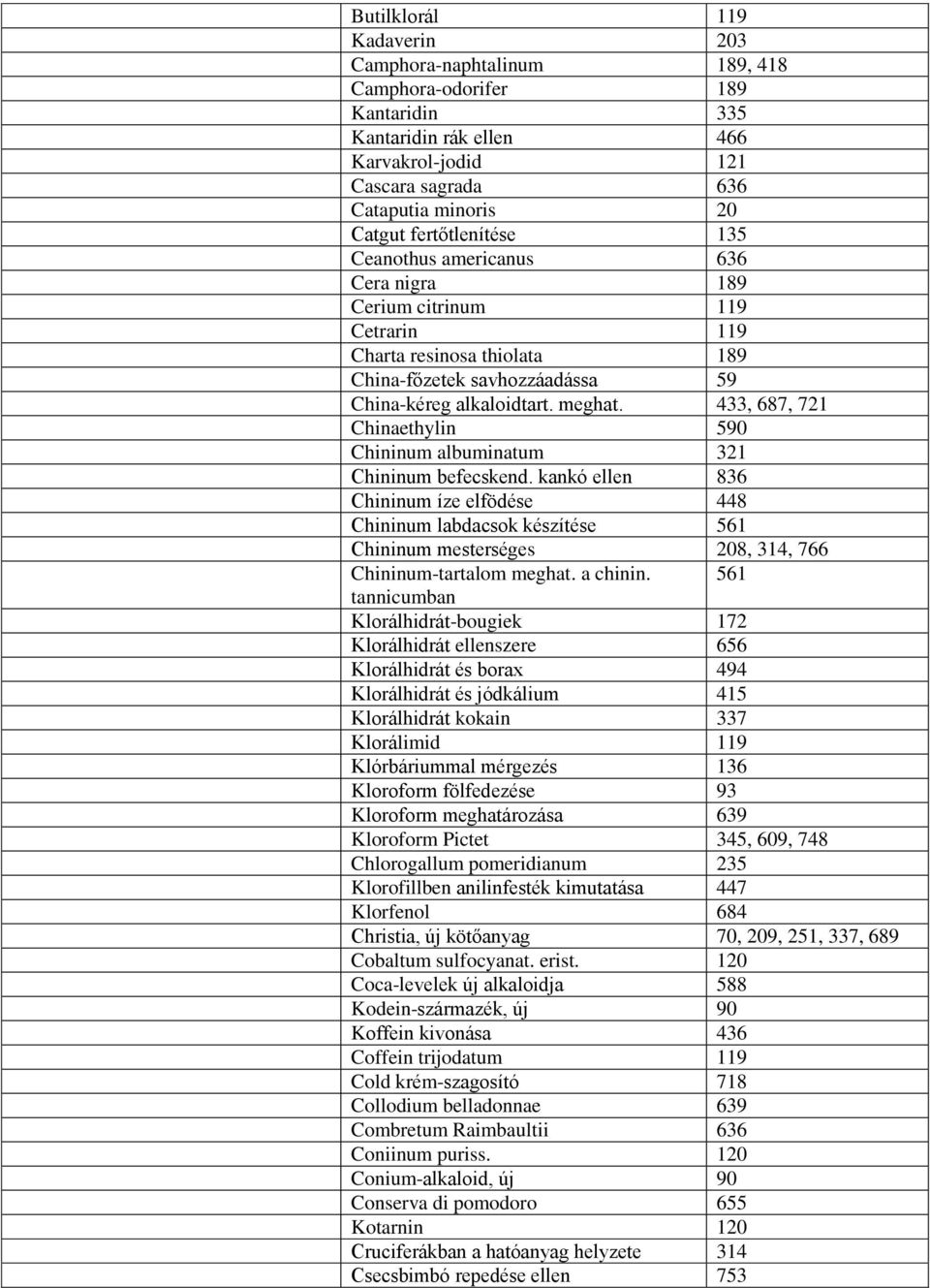 433, 687, 721 Chinaethylin 590 Chininum albuminatum 321 Chininum befecskend.