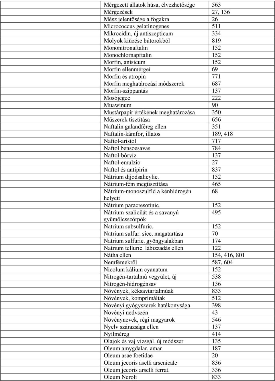 Mustárpapír értékének meghatározása 350 Műszerek tisztítása 656 Naftalin galandféreg ellen 351 Naftalin-kámfor, illatos 189, 418 Naftol-aristol 717 Naftol bensoesavas 784 Naftol-bórvíz 137