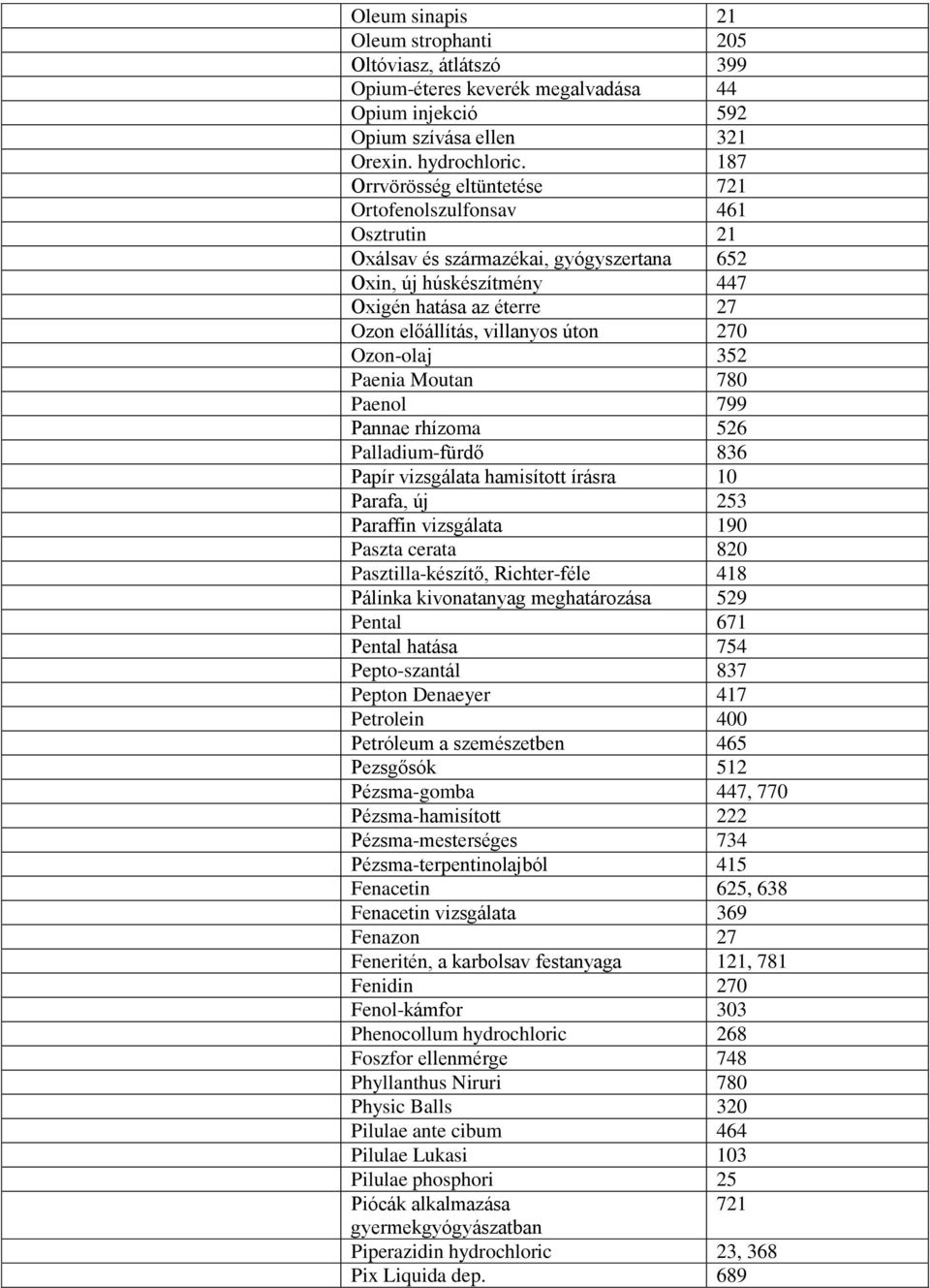 270 Ozon-olaj 352 Paenia Moutan 780 Paenol 799 Pannae rhízoma 526 Palladium-fürdő 836 Papír vizsgálata hamisított írásra 10 Parafa, új 253 Paraffin vizsgálata 190 Paszta cerata 820 Pasztilla-készítő,