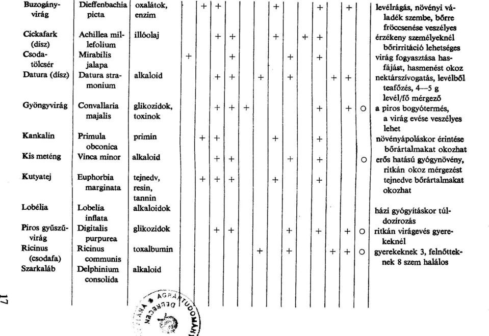 termés, a vuag evese veszéyes ehet 1+1+1+1 Kankain Primua primin + + + + növényápoáskor érintése obconica bőrártamakat okozhat Kismeténg Vinca minor akaoid + + + + o erős hatású gyógynövény, Kutyatej