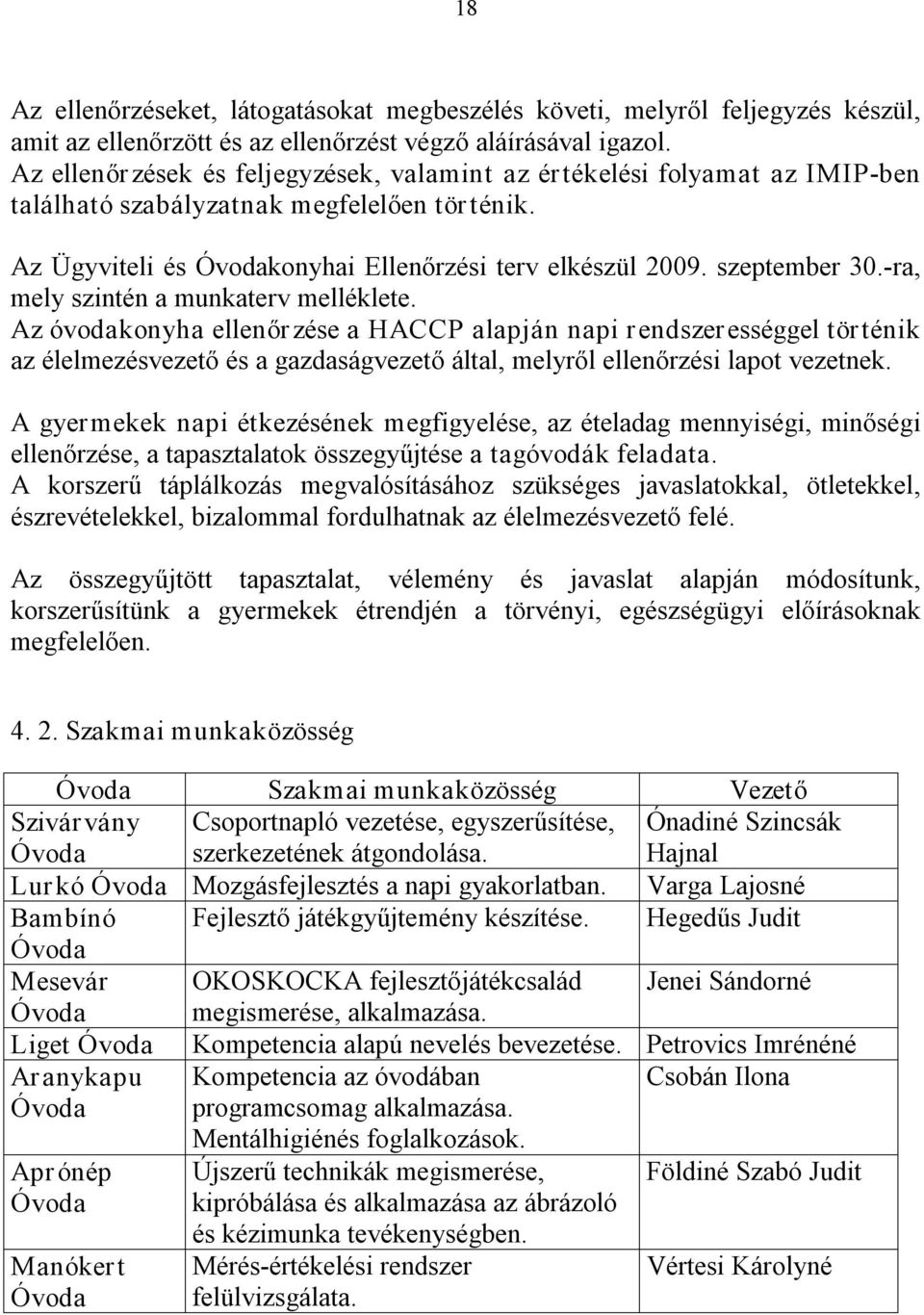 ra, mely szintén a munkaterv melléklete. Az óvodakonyha ellenőr zése a HACCP alapján napi rendszerességgel történik az élelmezésvezető és a gazdaságvezető által, melyről ellenőrzési lapot vezetnek.