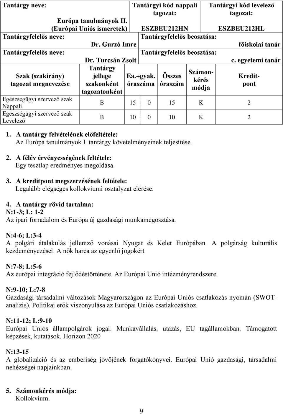 Összes Kreditkérés tagozat megnevezése szakonként óraszáma óraszám pont módja tagozatonként Nappali B 15 0 15 K 2 Levelező B 10 0 10 K 2 1.