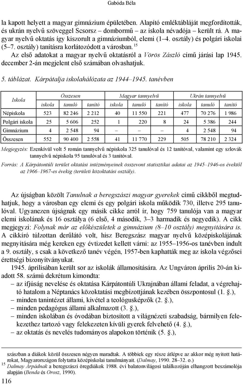 15 Az első adatokat a magyar nyelvű oktatásról a Vörös Zászló című járási lap 1945. december 2-án megjelent első számában olvashatjuk. 5. táblázat. Kárpátalja iskolahálózata az 1944 1945.