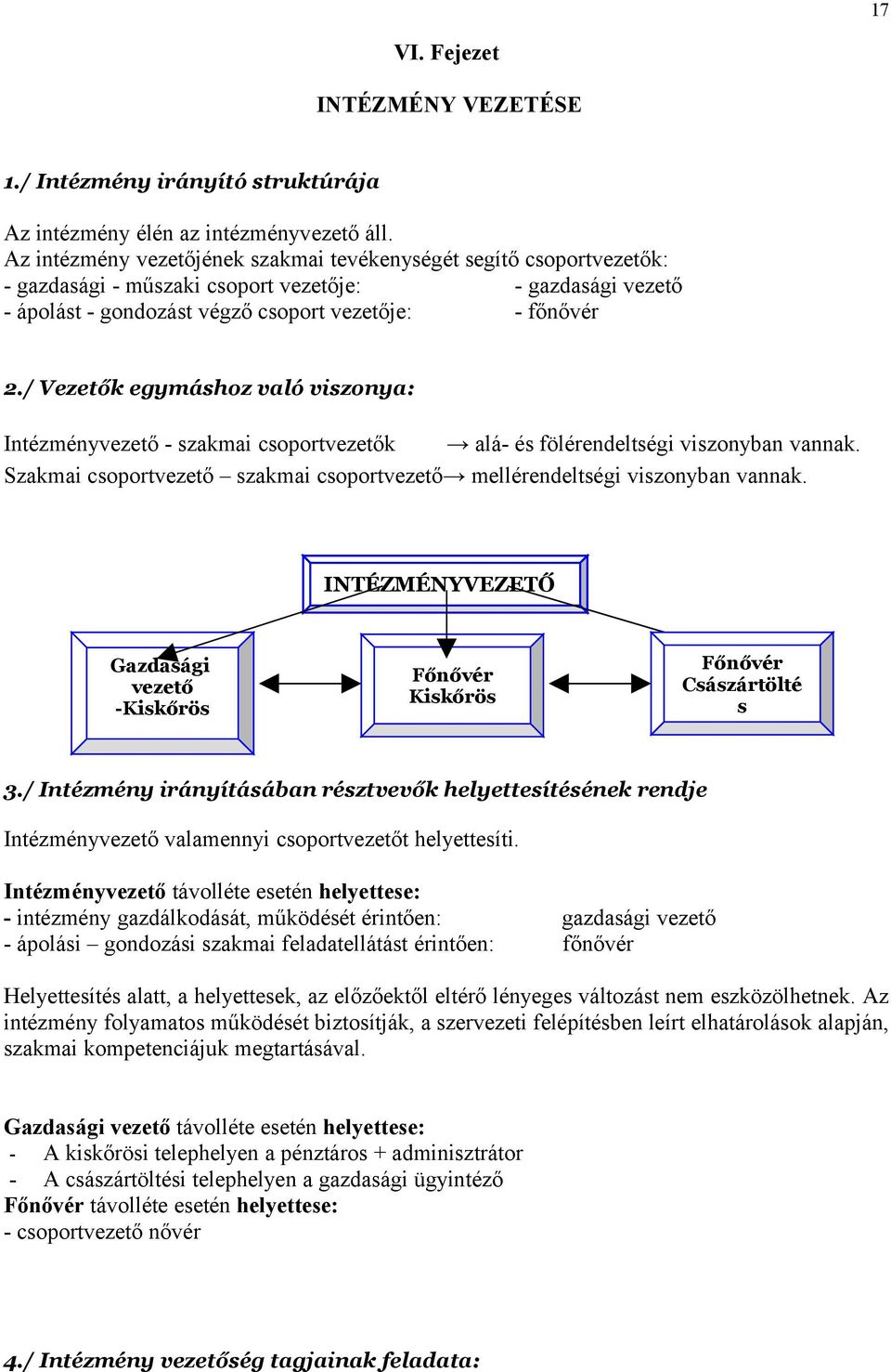 / Vezetők egymáshoz való viszonya: Intézményvezető - szakmai csoportvezetők alá- és fölérendeltségi viszonyban vannak. Szakmai csoportvezető szakmai csoportvezető mellérendeltségi viszonyban vannak.