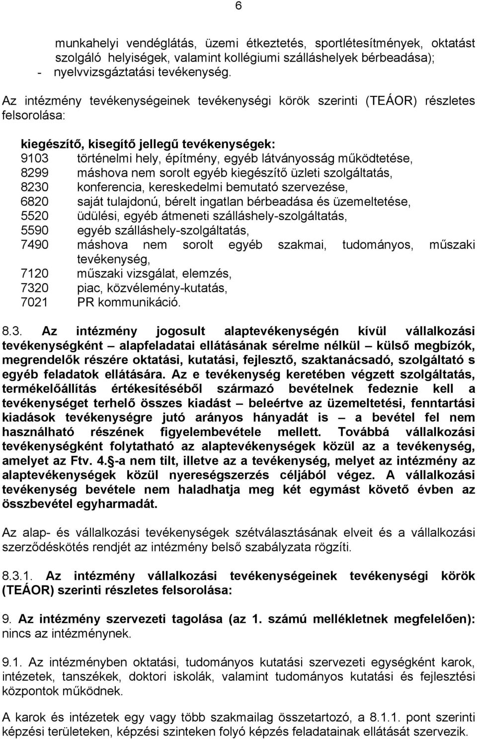 8299 máshova nem sorolt egyéb kiegészítő üzleti szolgáltatás, 8230 konferencia, kereskedelmi bemutató szervezése, 6820 saját tulajdonú, bérelt ingatlan bérbeadása és üzemeltetése, 5520 üdülési, egyéb