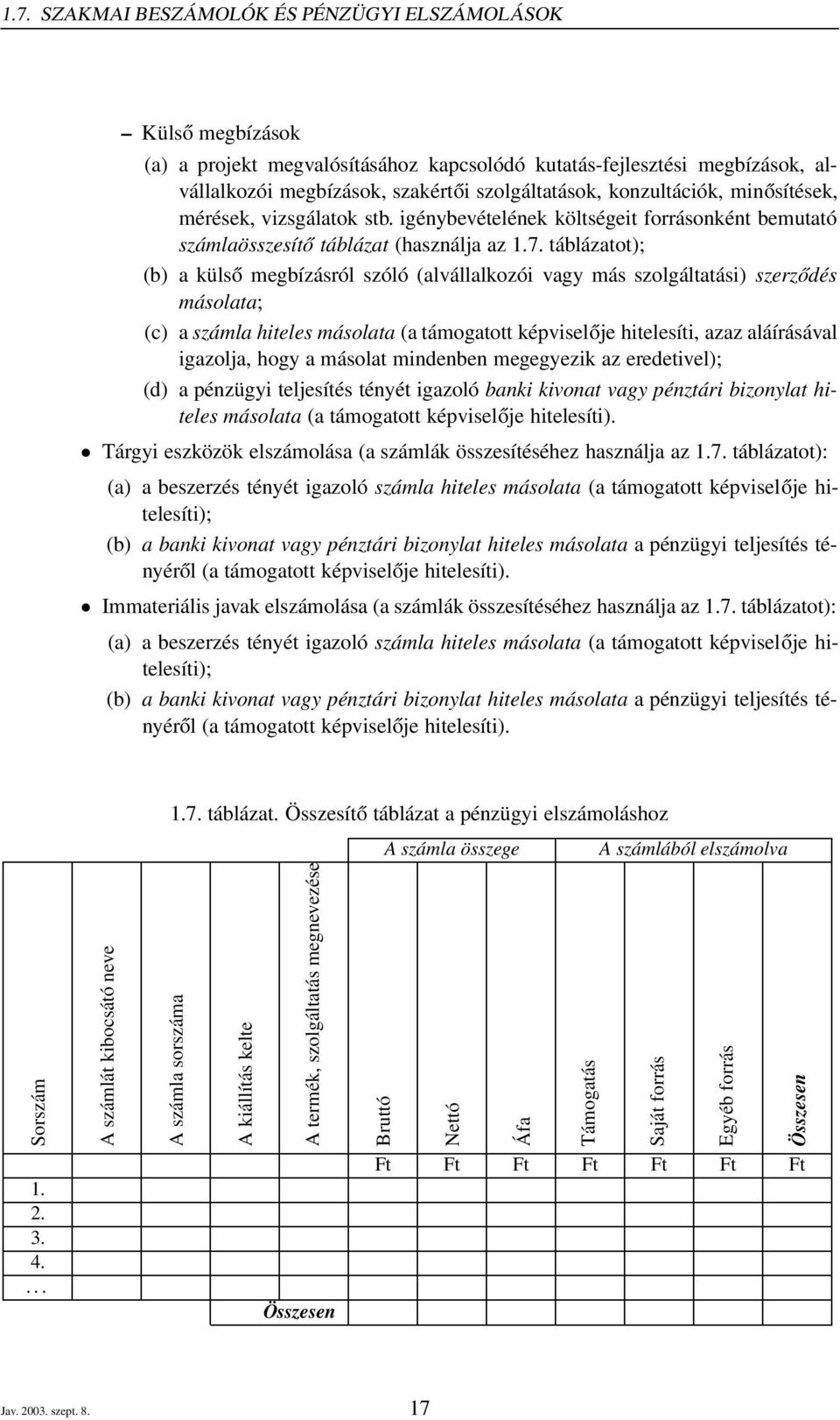 táblázatot); (b) a külső megbízásról szóló (alvállalkozói vagy más szolgáltatási) szerződés másolata; (c) a számla hiteles másolata (a támogatott képviselője hitelesíti, azaz aláírásával igazolja,