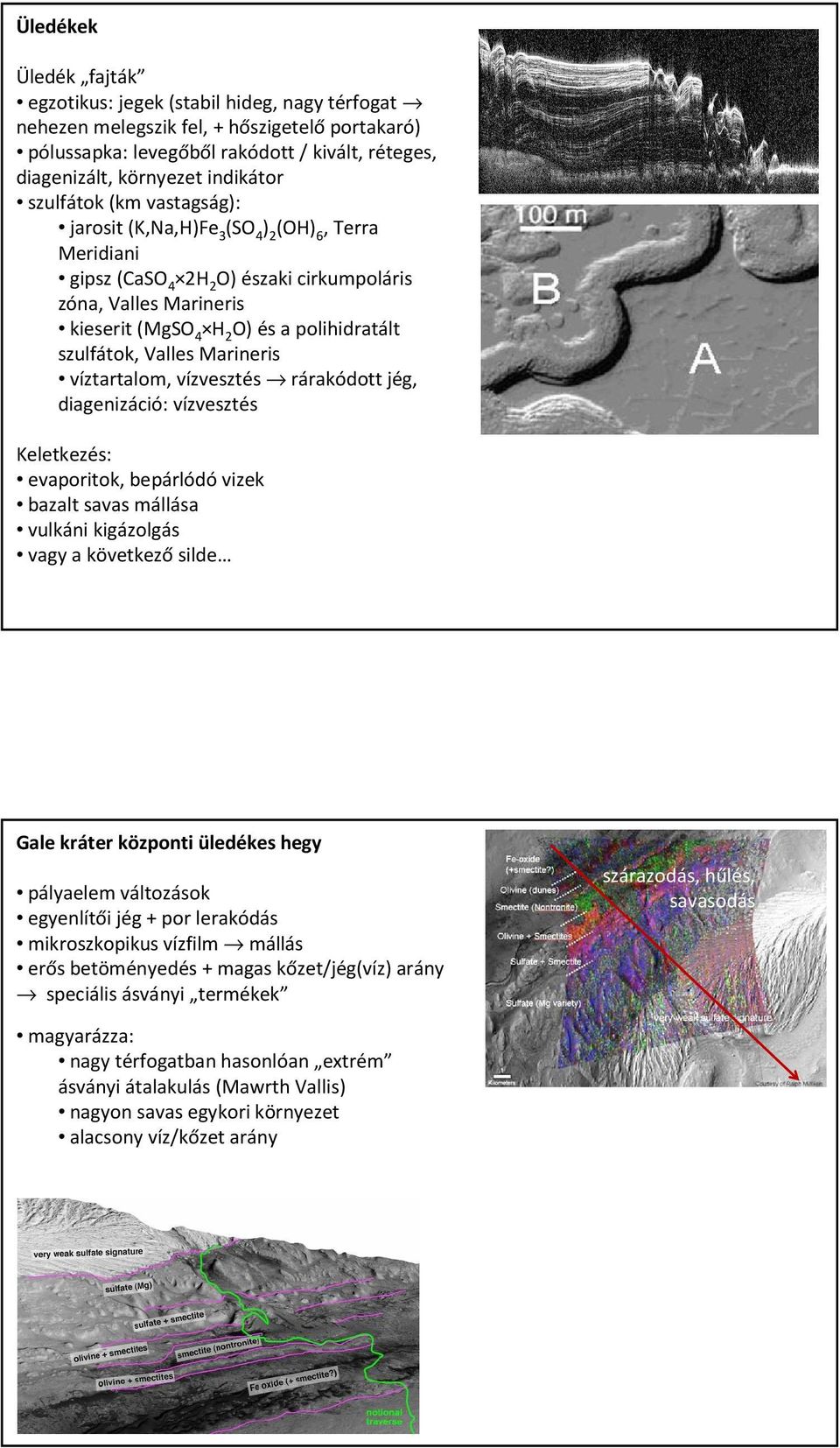 Valles Marineris víztartalom, vízvesztés rárakódott jég, diagenizáció: vízvesztés Keletkezés: evaporitok, bepárlódóvizek bazalt savas mállása vulkáni kigázolgás vagy a következő silde Gale kráter