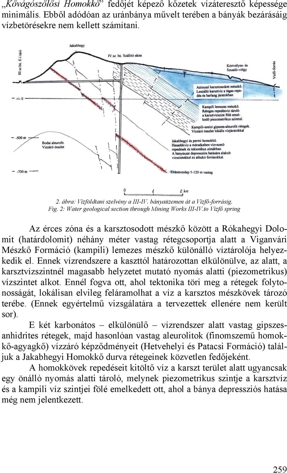 to Vízfő spring Az érces zóna és a karsztosodott mészkő között a Rókahegyi Dolomit (határdolomit) néhány méter vastag rétegcsoportja alatt a Viganvári Mészkő Formáció (kampili) lemezes mészkő