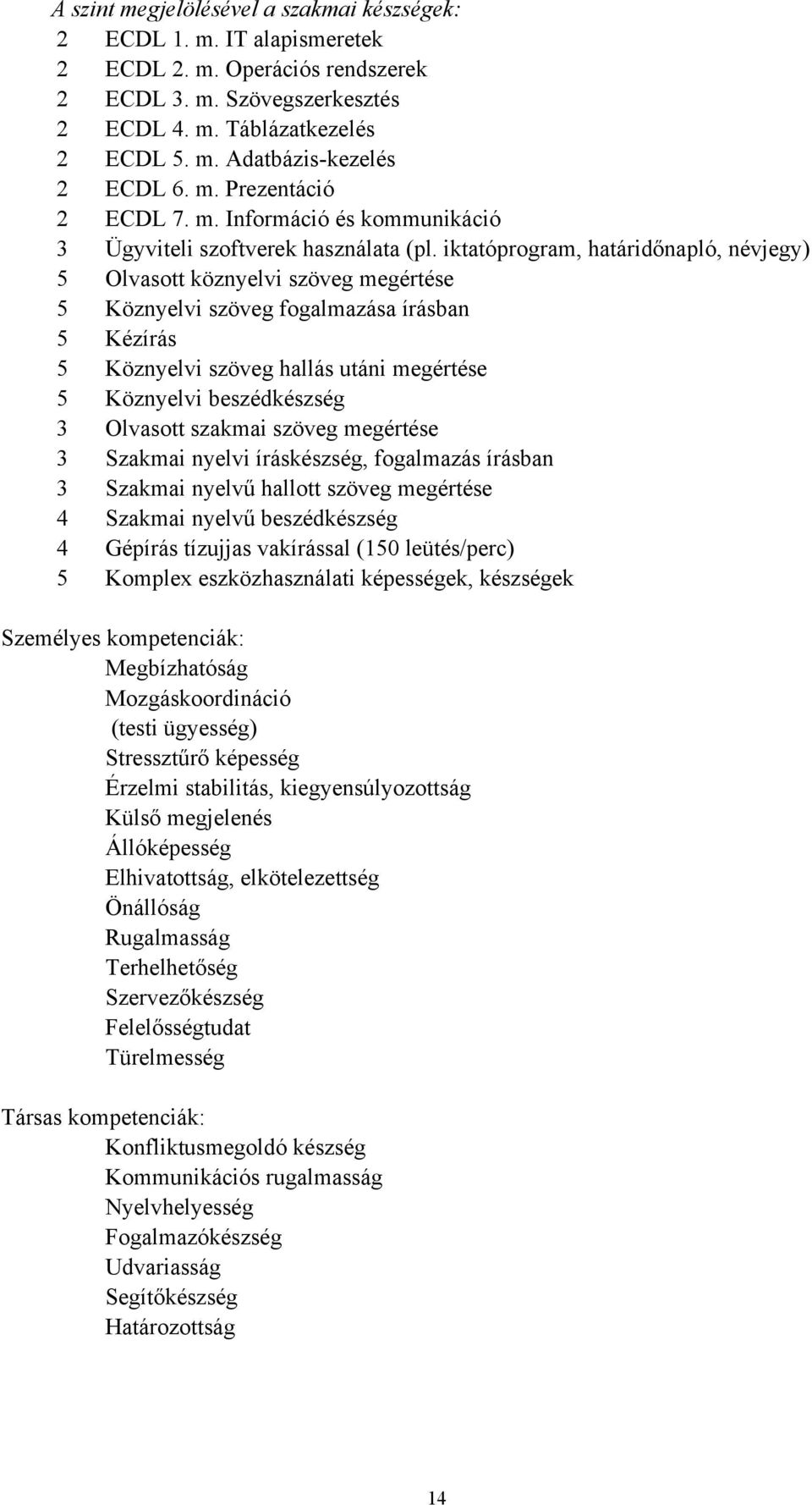 iktatóprogram, határidőnapló, névjegy) 5 Olvasott köznyelvi szöveg megértése 5 Köznyelvi szöveg fogalmazása írásban 5 Kézírás 5 Köznyelvi szöveg hallás utáni megértése 5 Köznyelvi beszédkészség 3