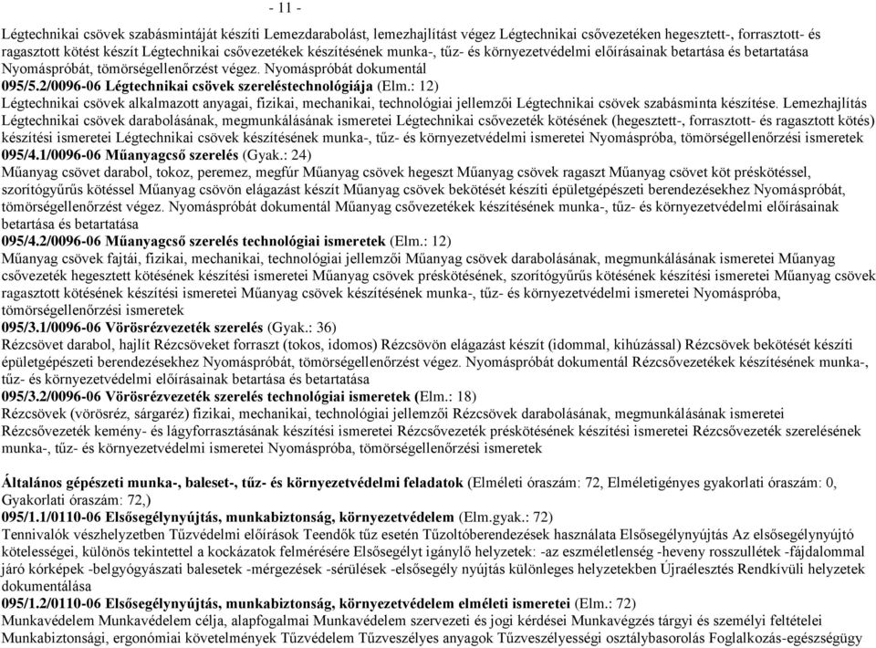 2/0096-06 Légtechnikai csövek szereléstechnológiája (Elm.: 12) Légtechnikai csövek alkalmazott anyagai, fizikai, mechanikai, technológiai jellemzői Légtechnikai csövek szabásminta készítése.