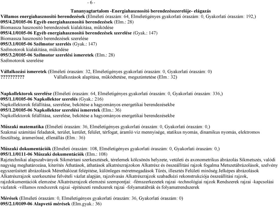 : 147) Biomassza hasznosító berendezések szerelése 095/3.1/0105-06 Szélmotor szerelés (Gyak.: 147) Szélmotorok kialakítása, működése 095/3.2/0105-06 Szélmotor szerelési ismeretek (Elm.