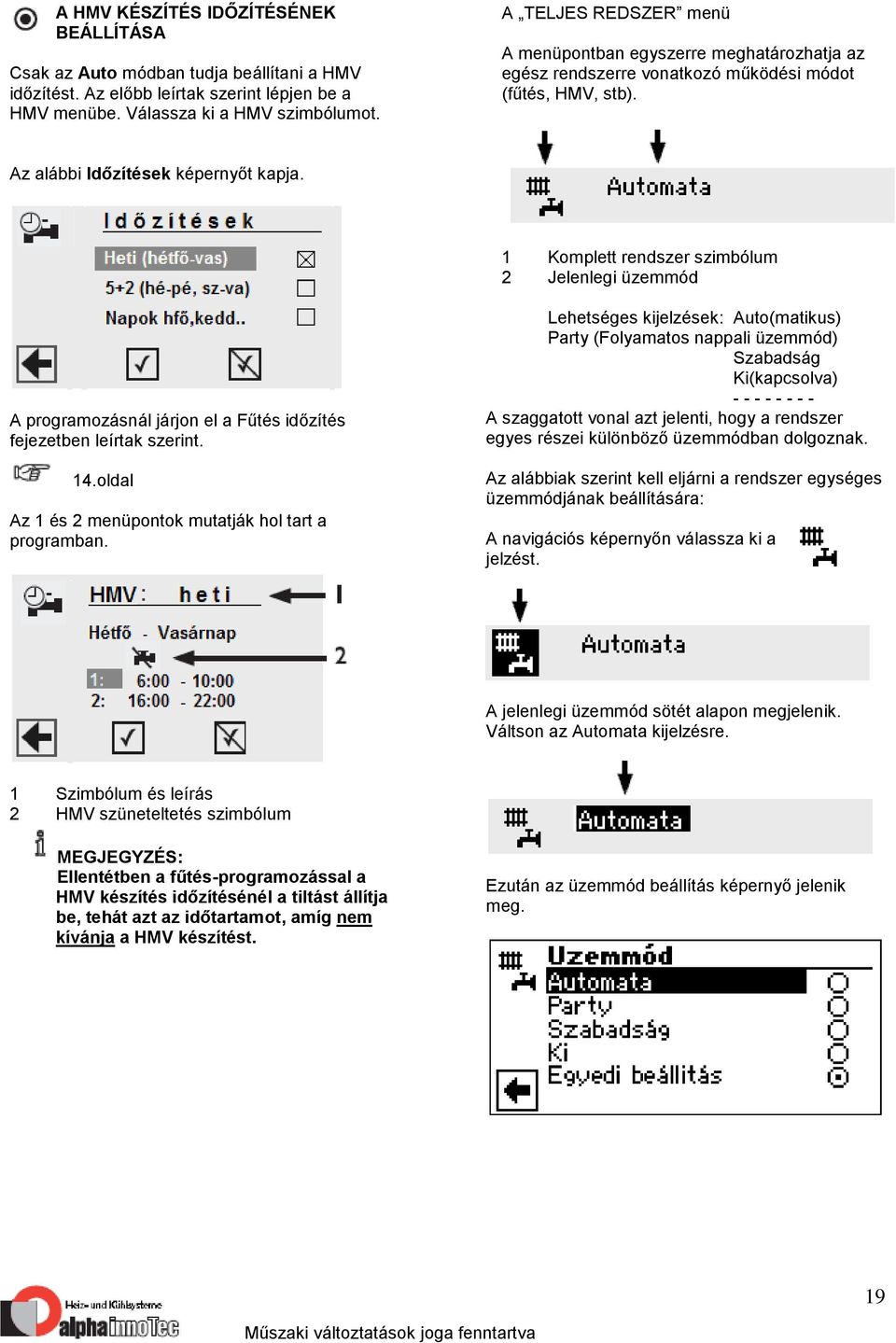 1 Komplett rendszer szimbólum 2 Jelenlegi üzemmód A programozásnál járjon el a Fűtés időzítés fejezetben leírtak szerint. 14.oldal Az 1 és 2 menüpontok mutatják hol tart a programban.