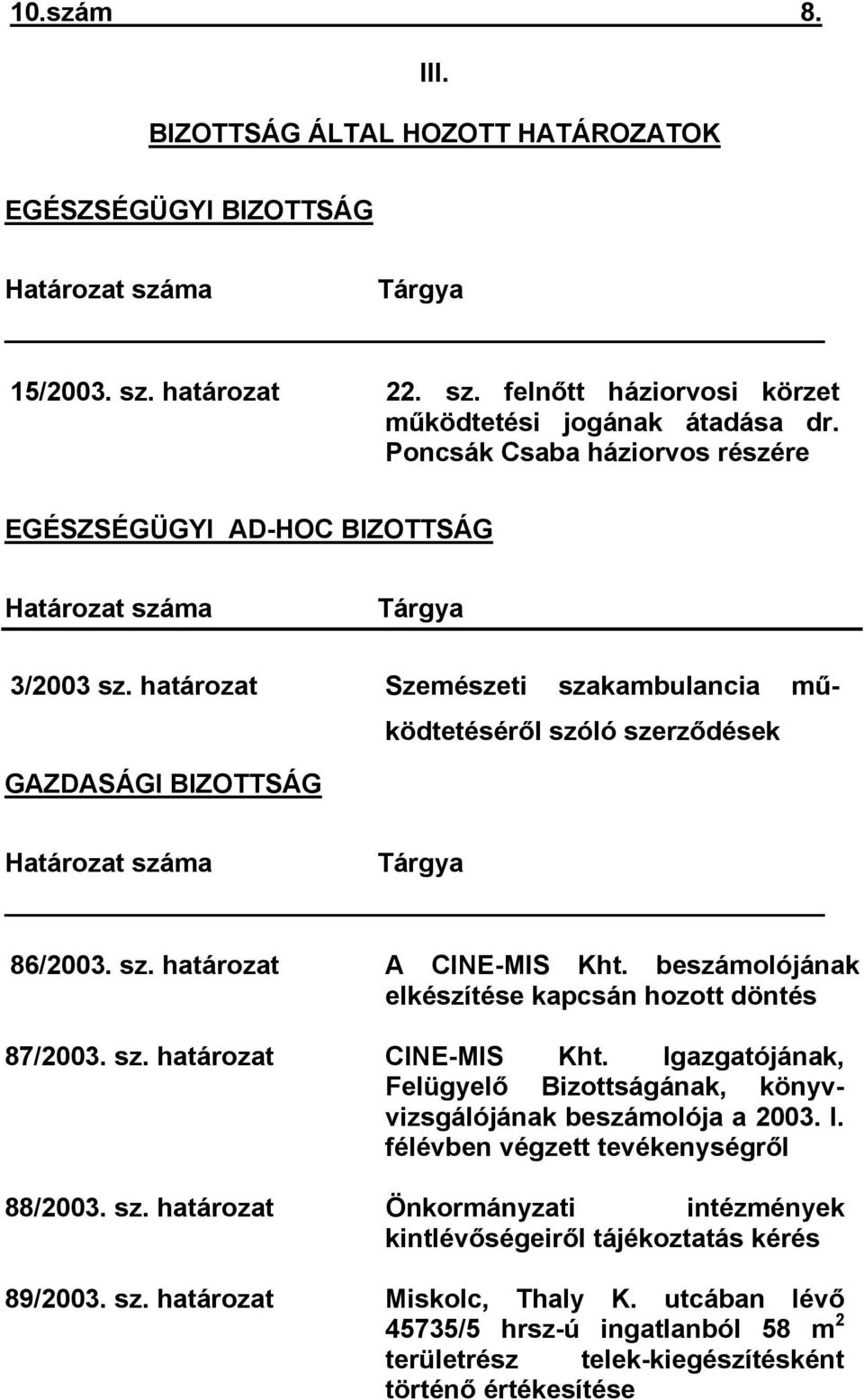 határozat Szemészeti szakambulancia működtetéséről szóló szerződések Határozat száma Tárgya 86/2003. sz. határozat A CINE-MIS Kht. beszámolójának elkészítése kapcsán hozott döntés 87/2003. sz. határozat CINE-MIS Kht.